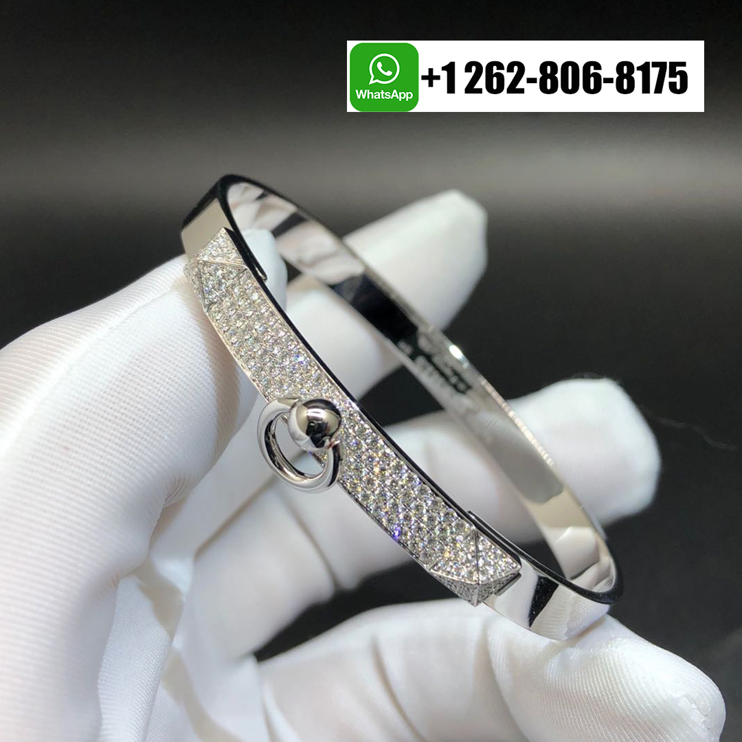 Hermes Collier de Chien 18K White Gold Diamonds Small Model Bracelet H214441B 00ST