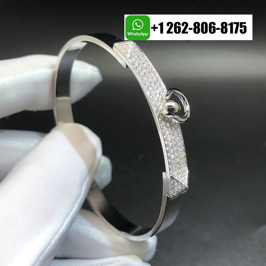 Hermes Collier de Chien 18K White Gold Diamonds Small Model Bracelet H214441B 00ST