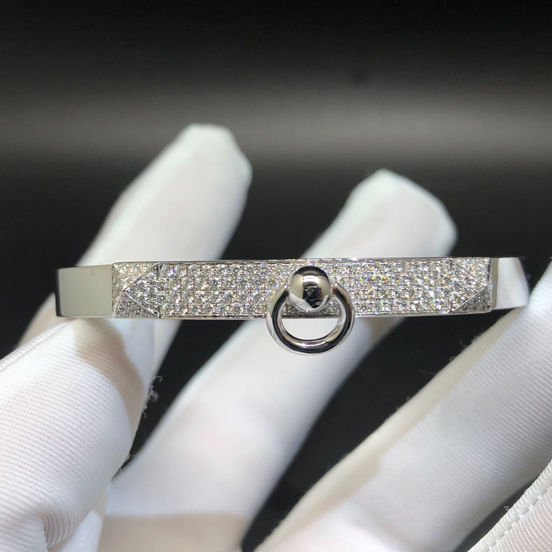 Hermes Collier de Chien 18K White Gold Diamonds Small Model Bracelet H214441B 00ST