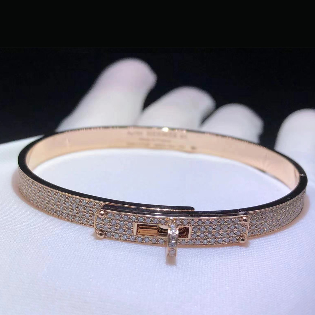 Hermes Kelly 18k Rose Gold Full Pave Diamonds Small Model Bracelet
