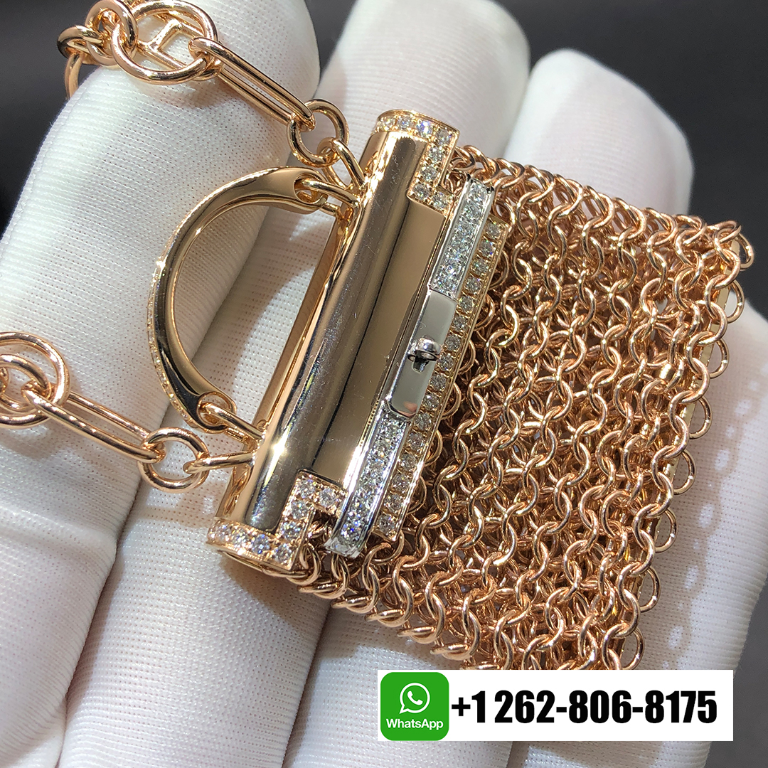 Hermes Precieux Kelly Diamond 18k Rose Gold Pendant Toggle Long Necklace H121101B 00