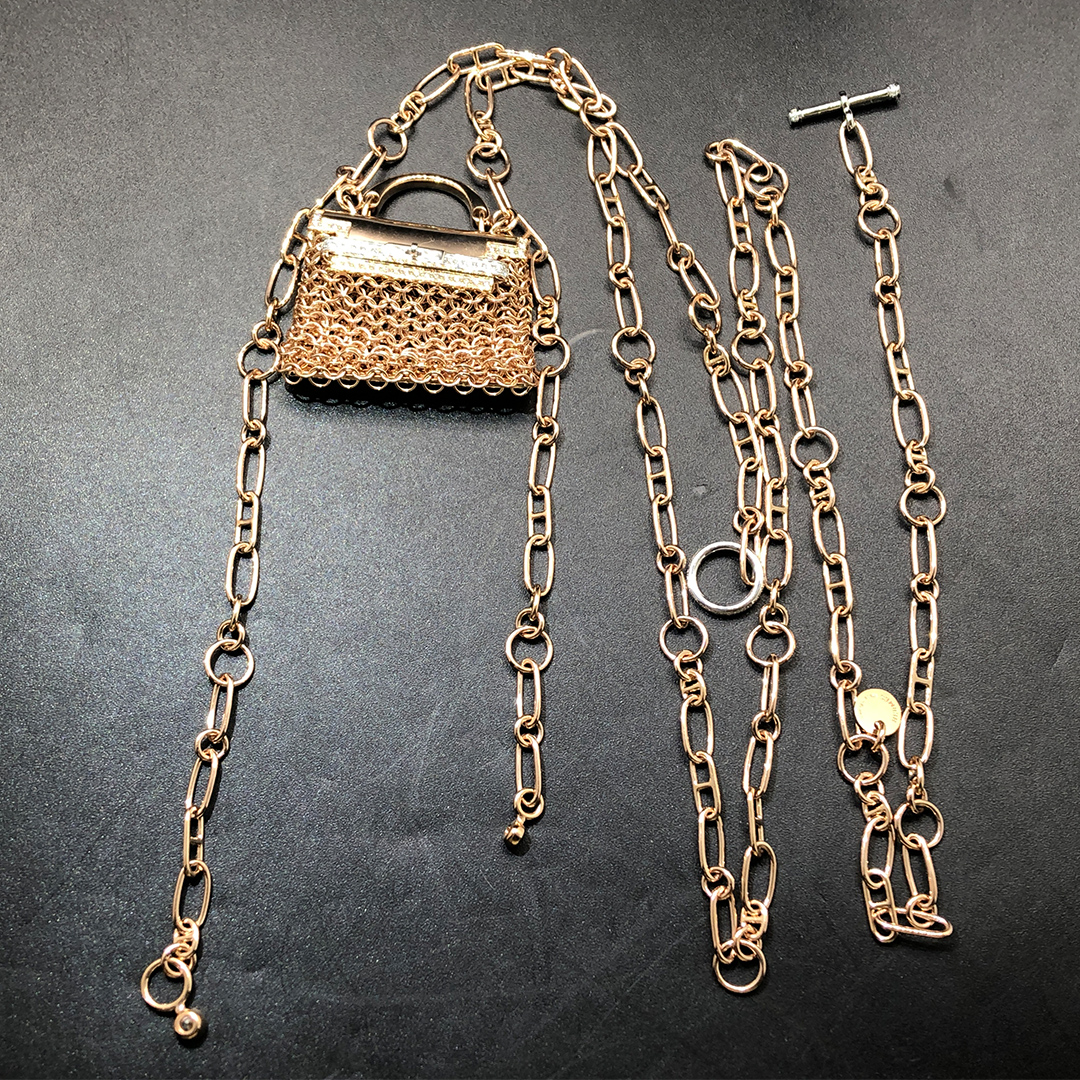 Hermes Precieux Kelly Diamond 18k Rose Gold Pendant Toggle Long Necklace H121101B 00