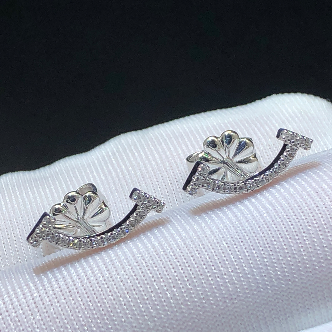 Tiffany & Co. 18k White Gold Pave Diamonds T Smile Earrings 60150739