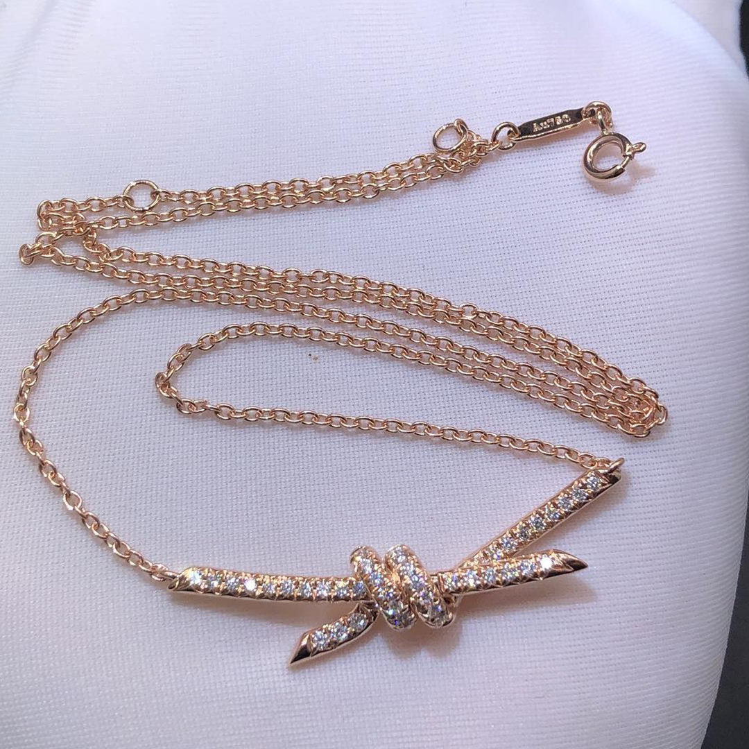Tiffany & Co. Knot 18k Rose Gold Pave Diamond Pendant Necklace 70415143