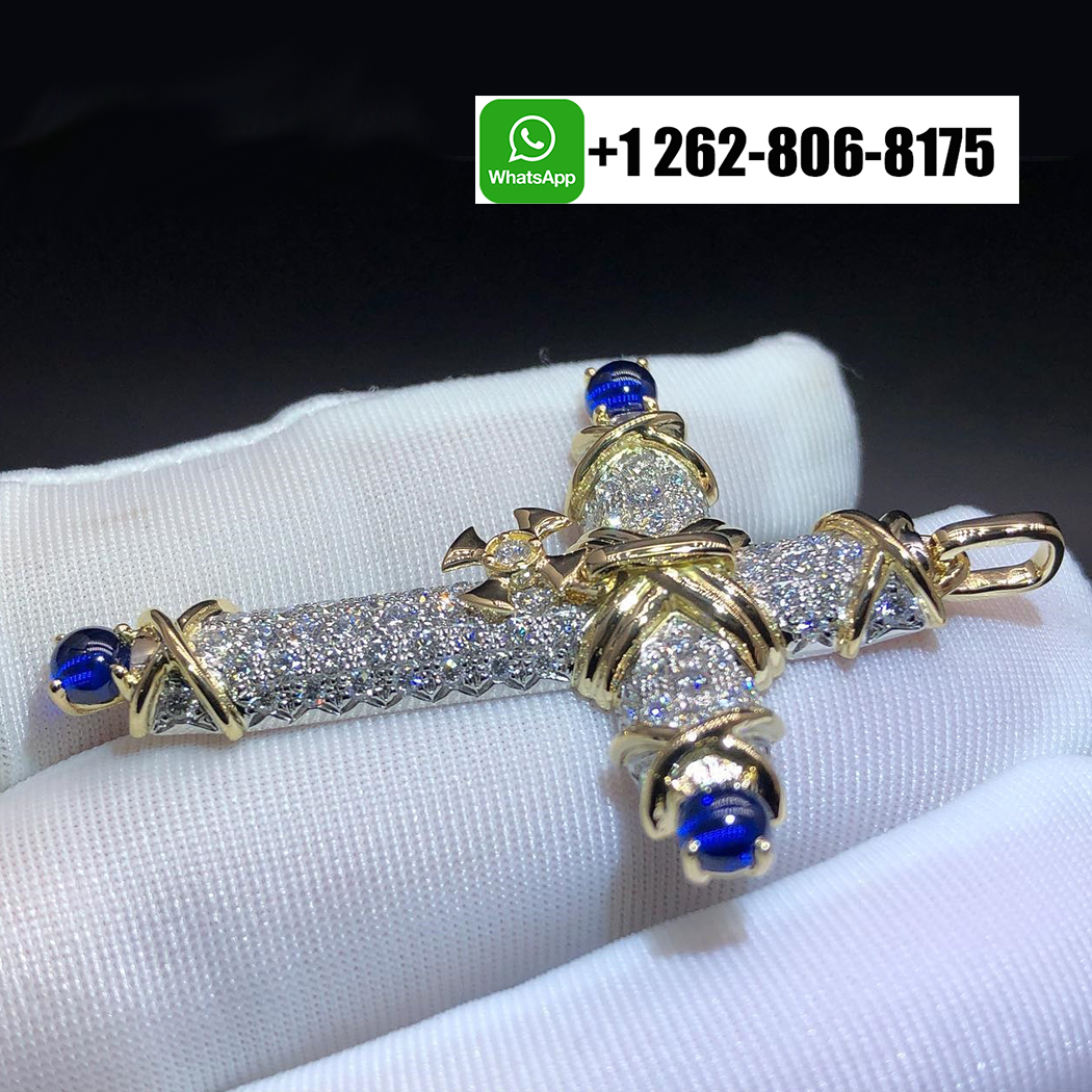 Tiffany & Co. Schlumberger 18k Yellow Gold Platinum Diamonds and Blue Sapphire Cross Pendant