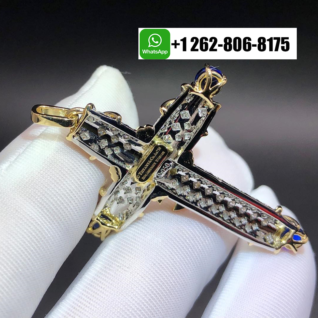 Tiffany & Co. Schlumberger 18k Yellow Gold Platinum Diamonds and Blue Sapphire Cross Pendant