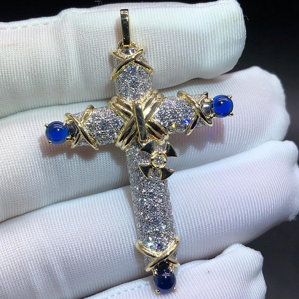 Tiffany & Co. Schlumberger 18k Yellow Gold Platinum Diamonds and Blue Sapphire Cross Pendant