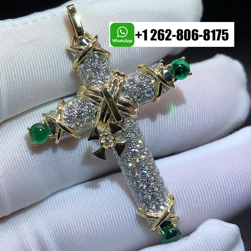 Tiffany & Co. Schlumberger 18k Yellow Gold Platinum Pave Diamonds Emeralds Cross Pendant