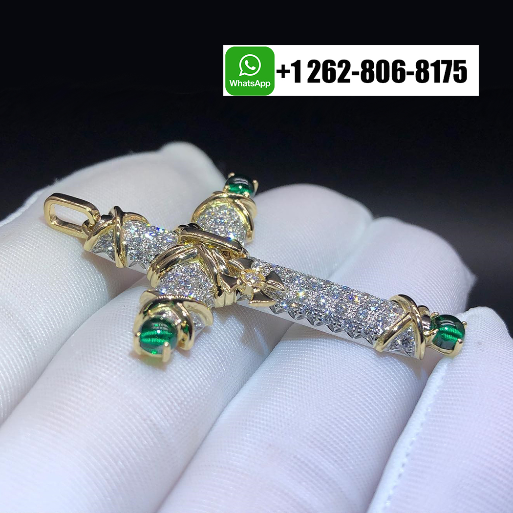 Tiffany & Co. Schlumberger 18k Yellow Gold Platinum Pave Diamonds Emeralds Cross Pendant