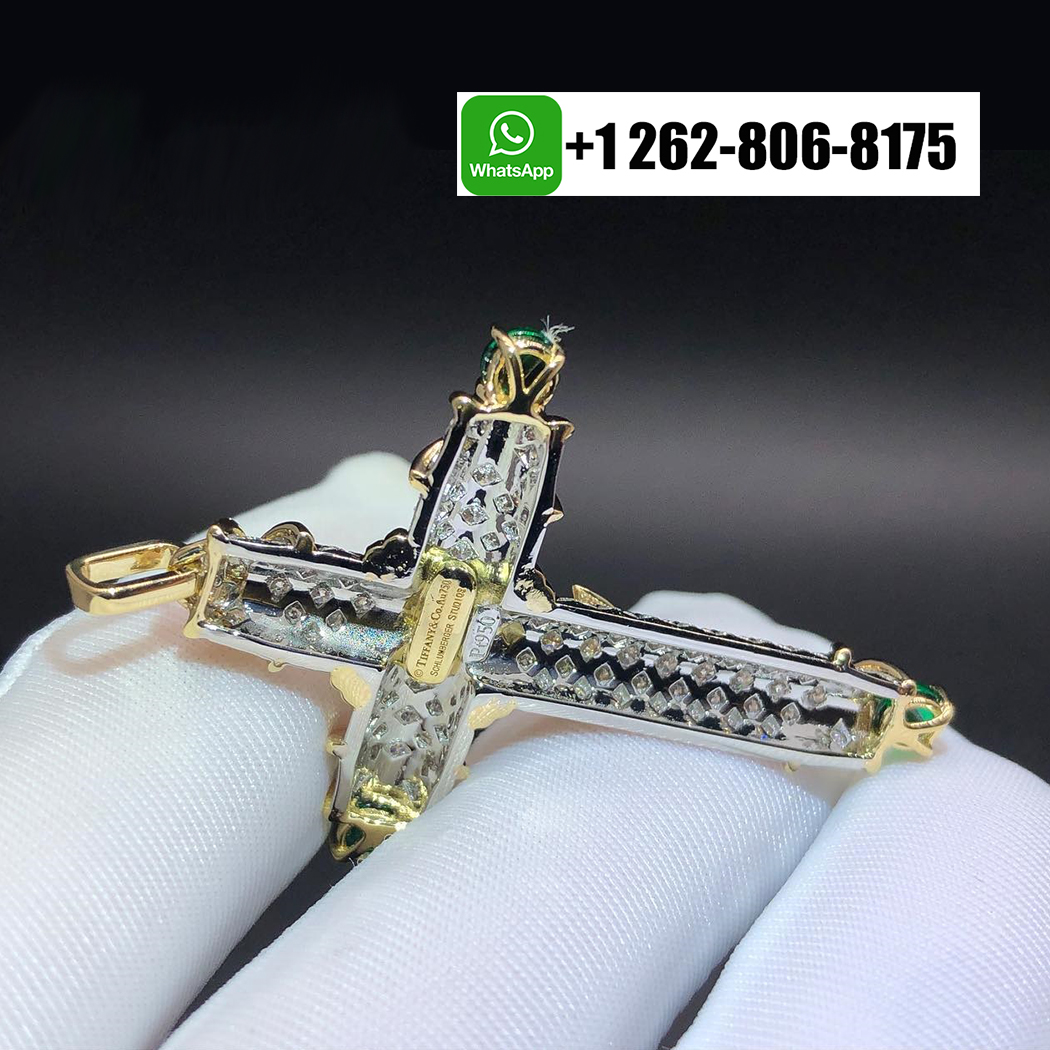 Tiffany & Co. Schlumberger 18k Yellow Gold Platinum Pave Diamonds Emeralds Cross Pendant