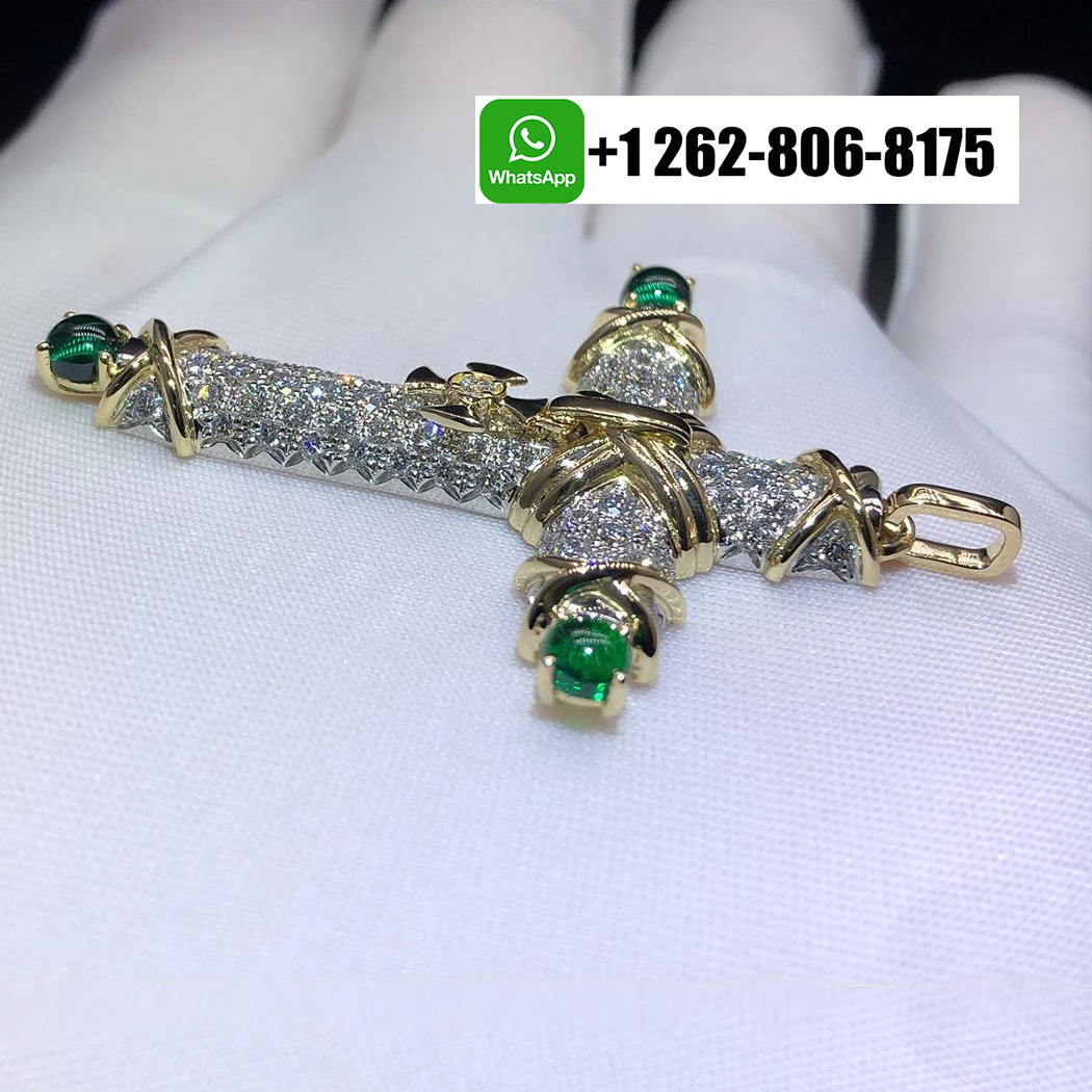 Tiffany & Co. Schlumberger 18k Yellow Gold Platinum Pave Diamonds Emeralds Cross Pendant
