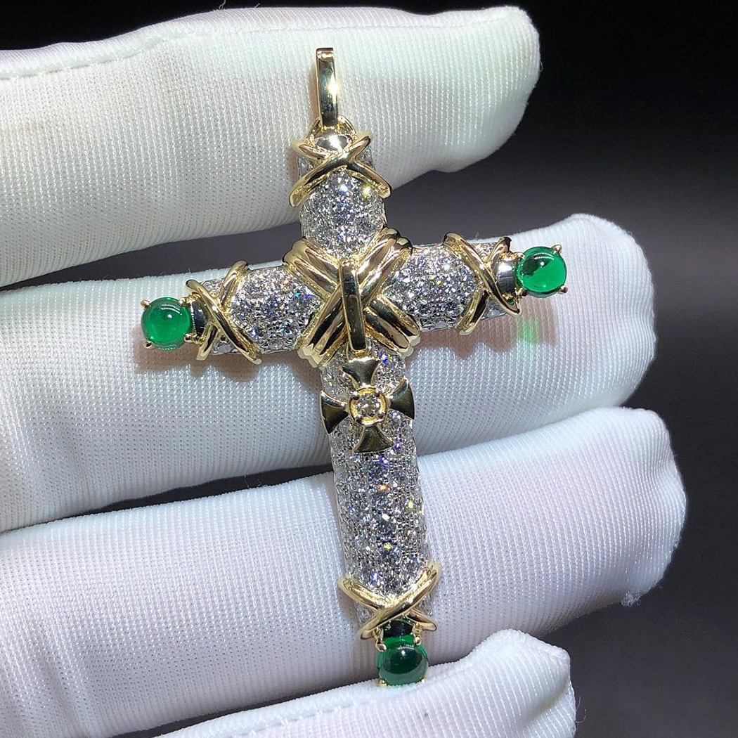 Tiffany & Co. Schlumberger 18k Yellow Gold Platinum Pave Diamonds Emeralds Cross Pendant