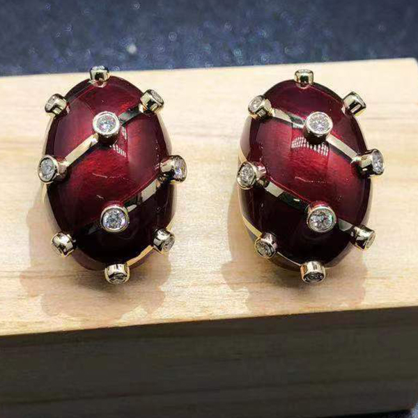 Tiffany & Co. Schlumberger Platinum & 18K Yellow Gold Red Enamel Diamond Earrings