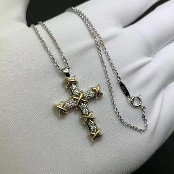 Tiffany & Co. Schlumberger Platinum & 18k Yellow Gold Sixteen Stone Diamond Cross Pendant 60022679
