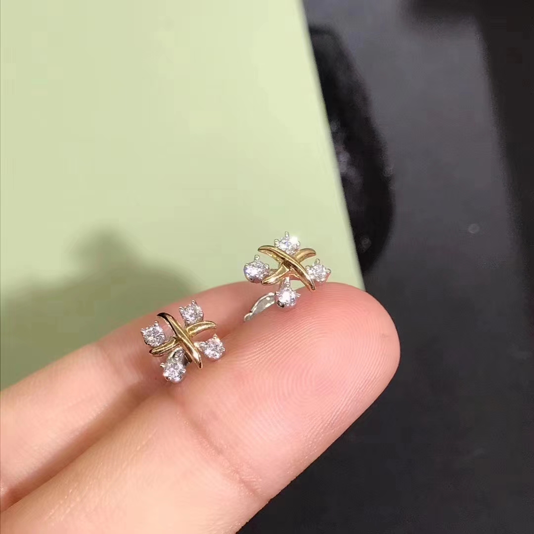 Tiffany & Co. Schlumberger Sixteen Stone Diamonds Platinum & 18k Yellow Gold Earrings