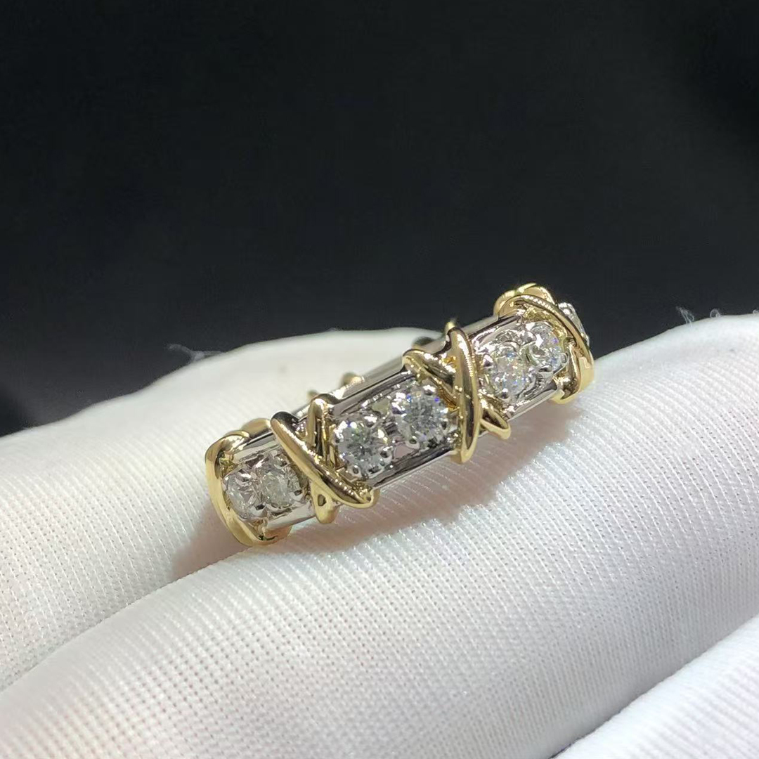 Tiffany & Co. Sixteen Stone Schlumberger Diamond X Motif 18k Yellow Gold Platinum Ring 12494947