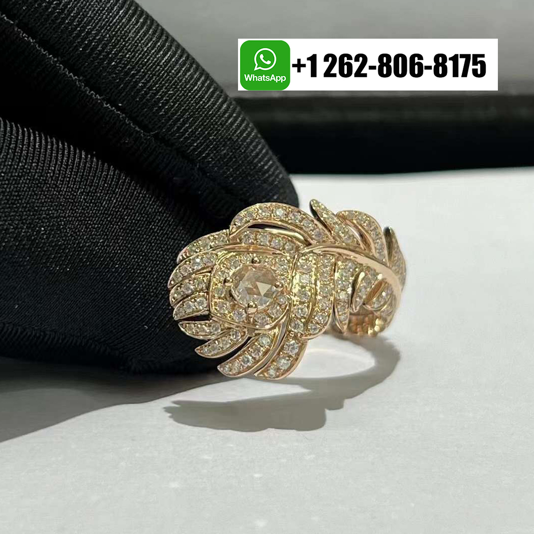 Boucheron Plume de Paon Pave Diamond Feather 18k Rose Gold Ring JRG02847
