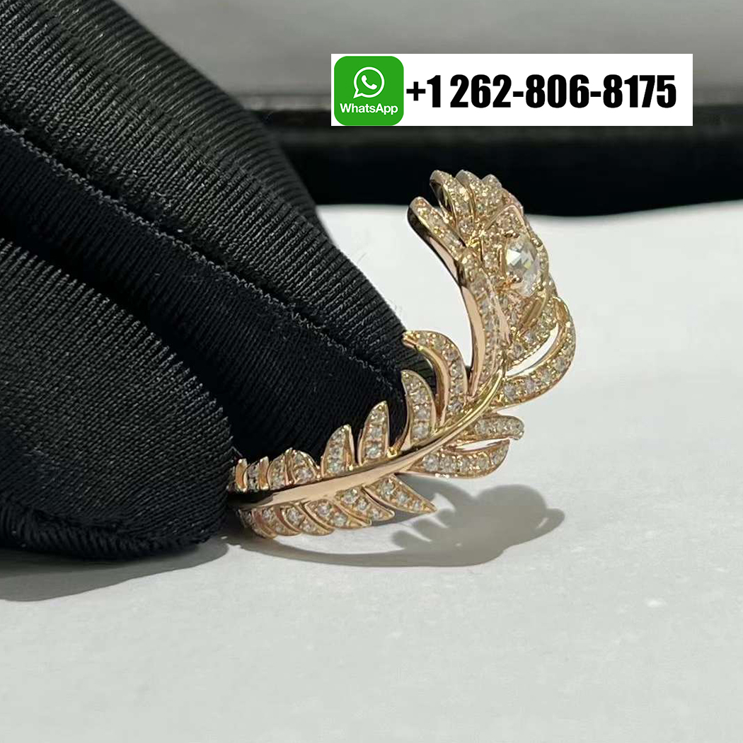 Boucheron Plume de Paon Pave Diamond Feather 18k Rose Gold Ring JRG02847