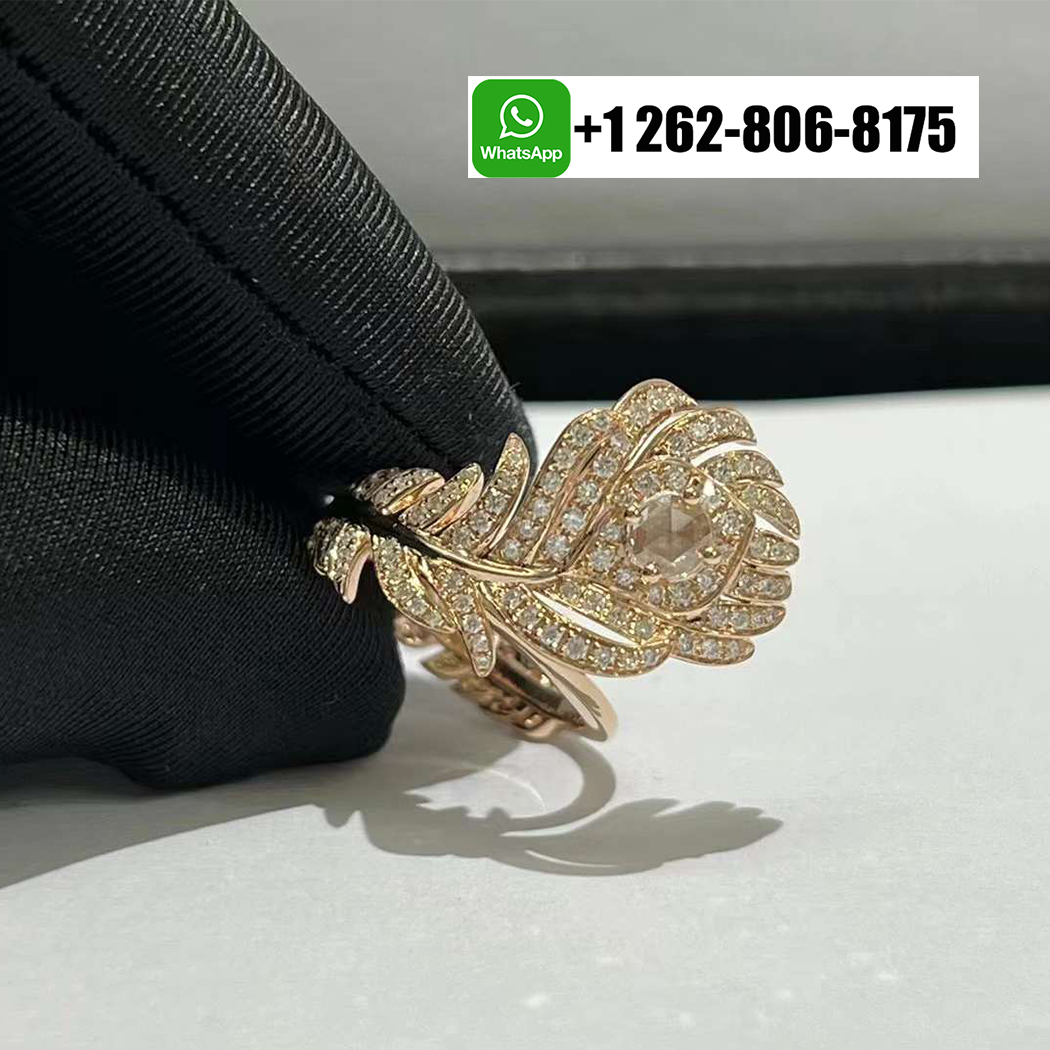 Boucheron Plume de Paon Pave Diamond Feather 18k Rose Gold Ring JRG02847