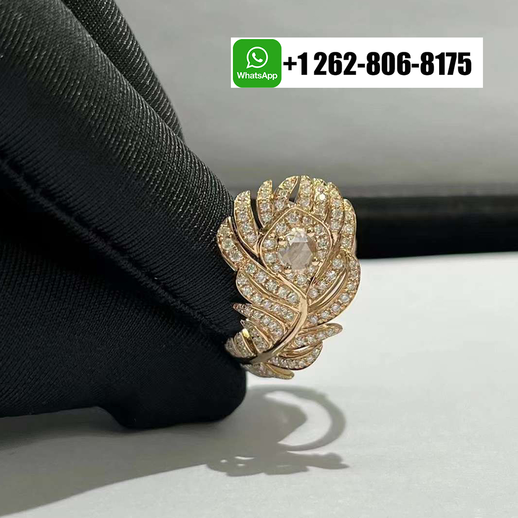 Boucheron Plume de Paon Pave Diamond Feather 18k Rose Gold Ring JRG02847
