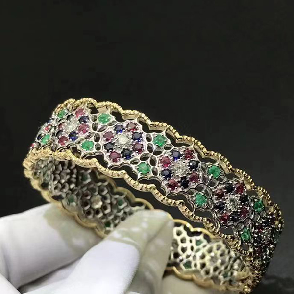 Buccellati 18K Gold Diamond Ruby Sapphire Emerald Hollow Bracelet