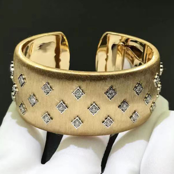 Buccellati Brushed 18k Gold Diamond Classic Wide Cuff Bracelet