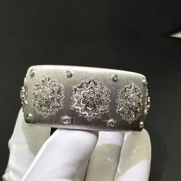 Buccellati Brushed 18k White Gold Diamond Flowers Wide Cuff Bracelet