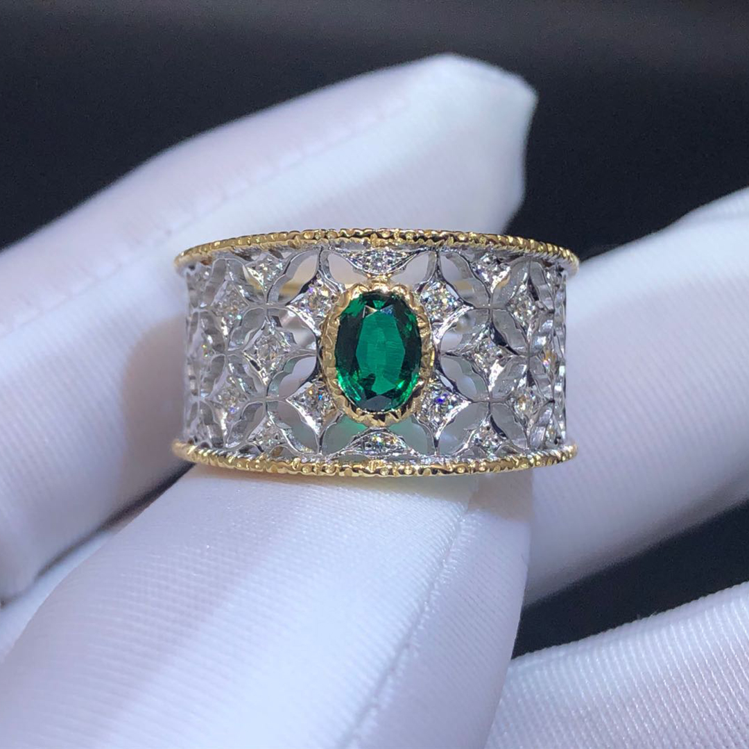 Buccellati Rombi Eternelle Emerald Diamond 18k Gold Band Ring