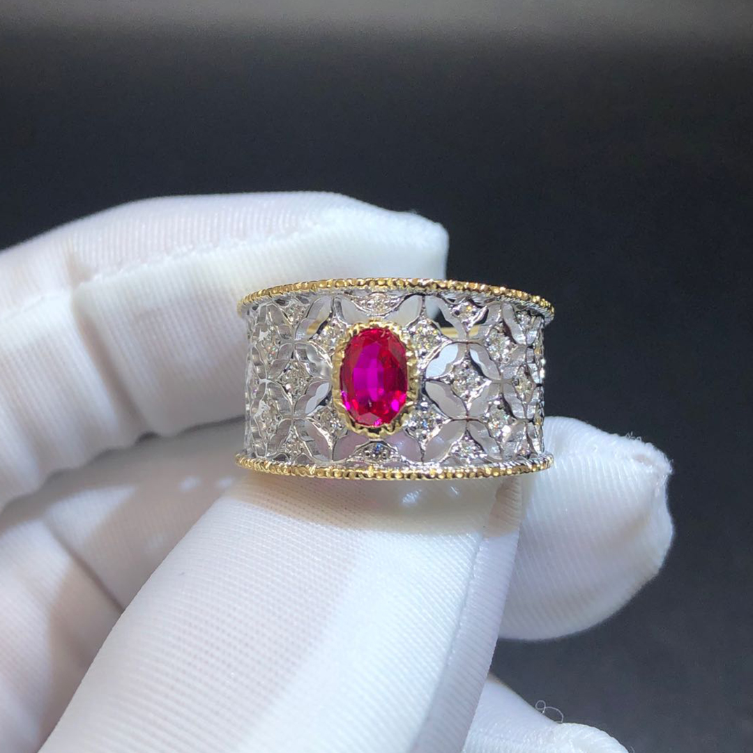 Buccellati Rombi Ruby Diamond Engraved 18K Gold Ring
