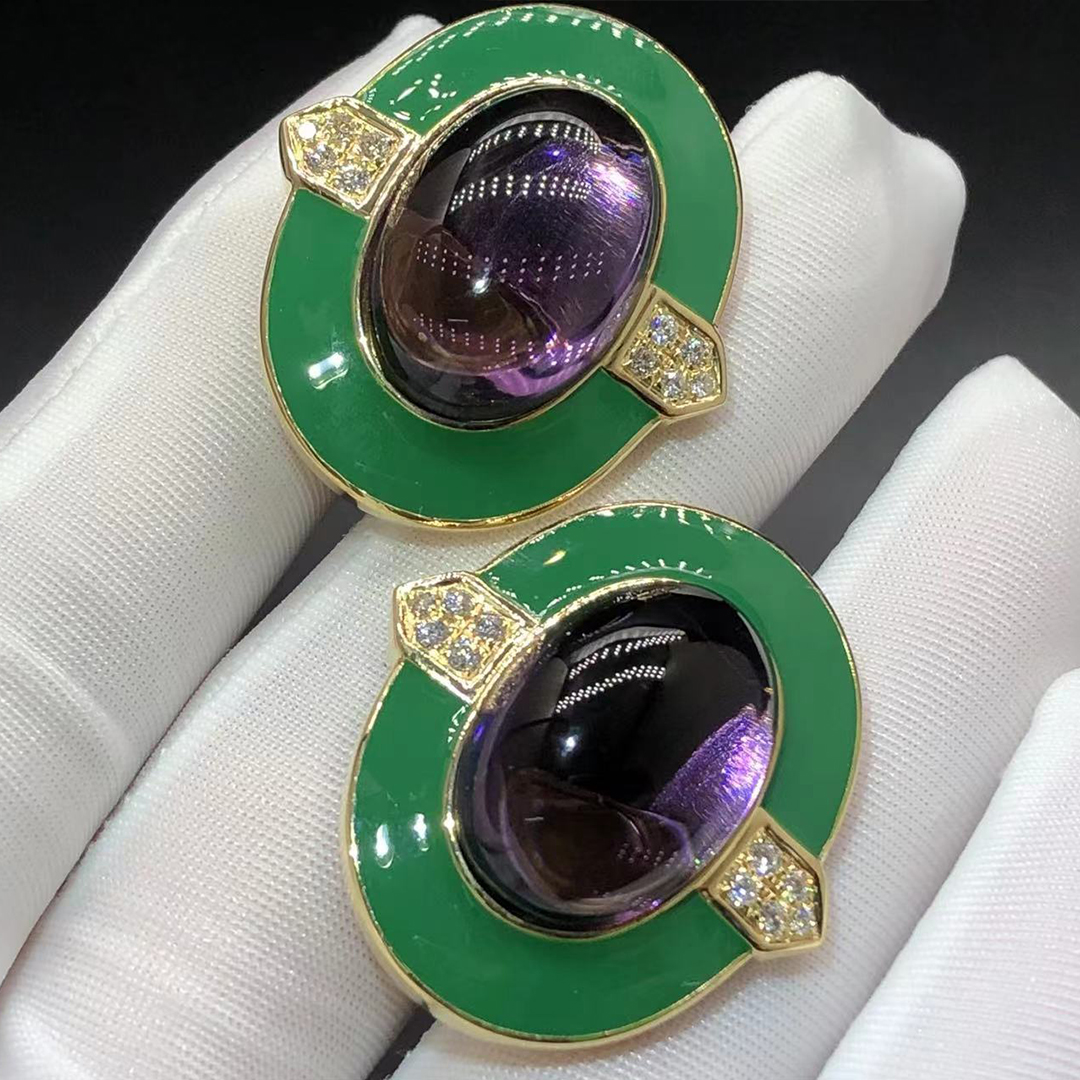 David Webb 18K Yellow Gold Amethyst Jade Diamond Earrings