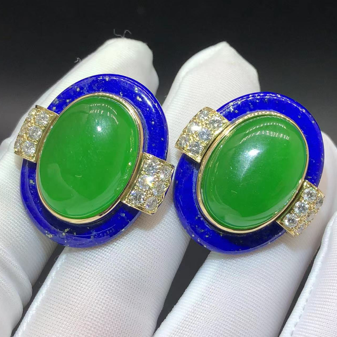 David Webb 18K Yellow Gold Jade Lapis Lazuli Diamond Oval Earrings