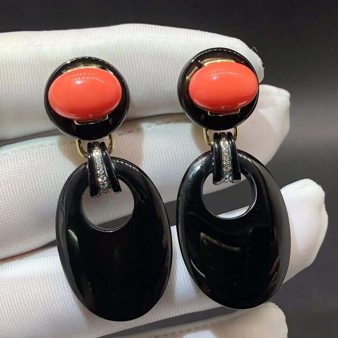David Webb 18K Yellow Gold Platinum Onyx And Coral Drop Door Knocker Earrings