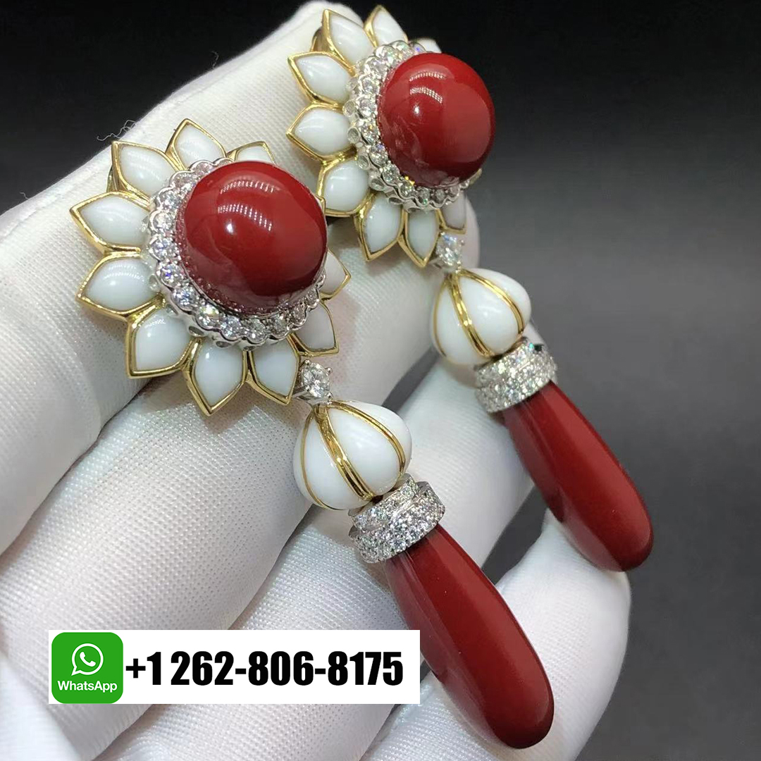 David Webb 18K Yellow Gold Platinum Red Coral Diamonds Drop Day To Night Dangling Earrings