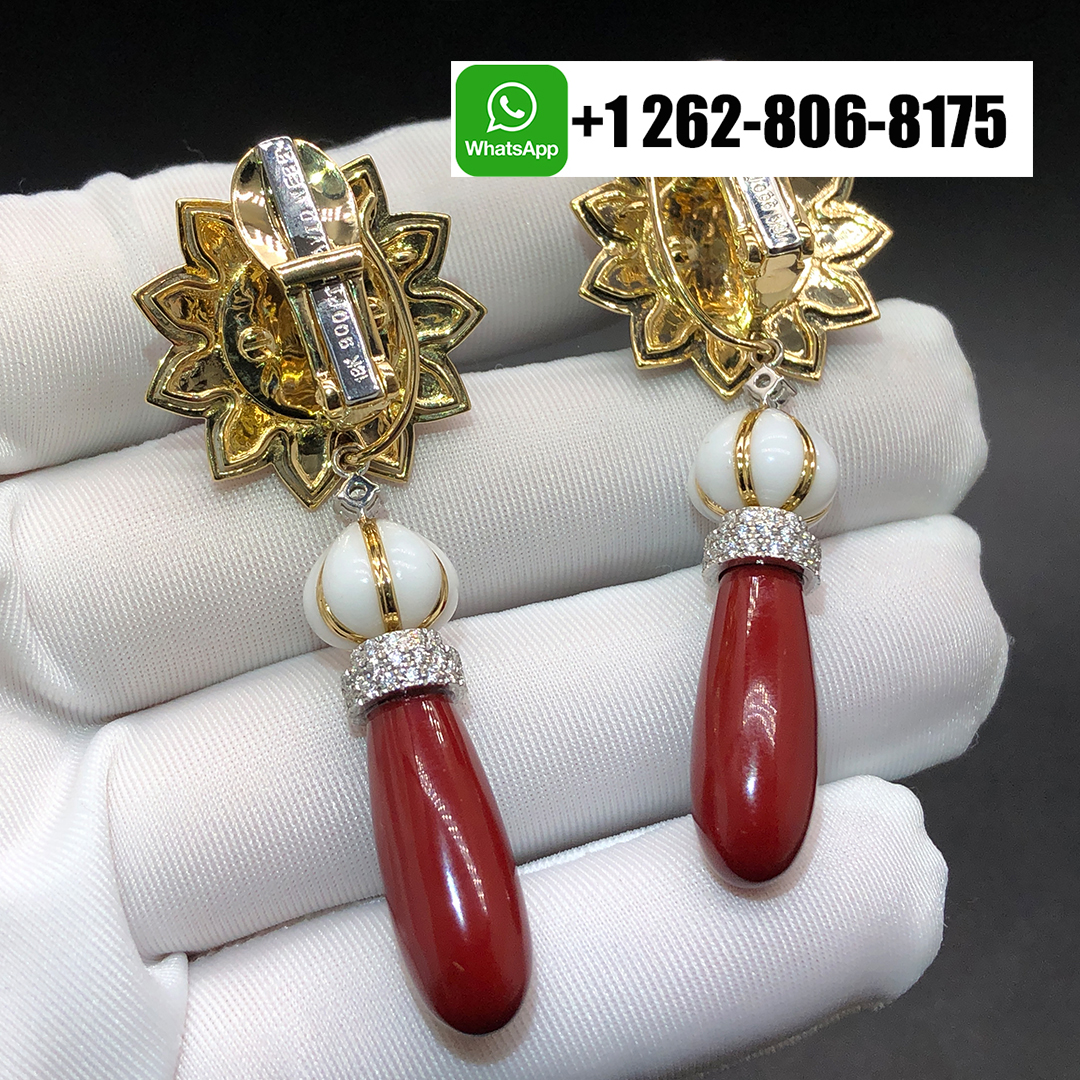 David Webb 18K Yellow Gold Platinum Red Coral Diamonds Drop Day To Night Dangling Earrings