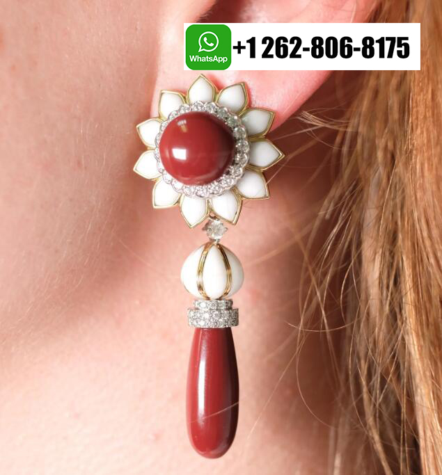 David Webb 18K Yellow Gold Platinum Red Coral Diamonds Drop Day To Night Dangling Earrings