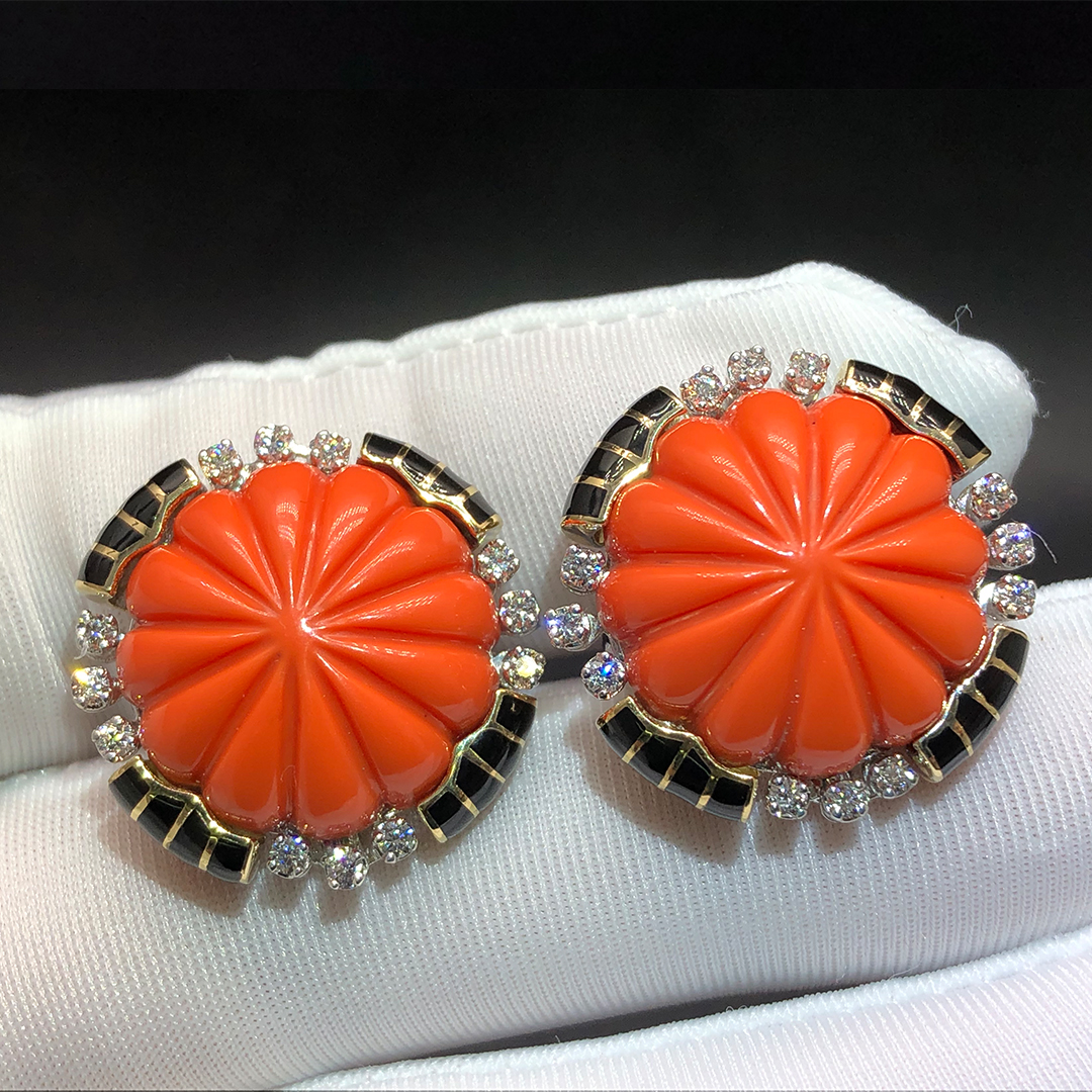 David Webb 18K Yellow Gold and Platinum Carved Coral Bombe Diamond Earrings