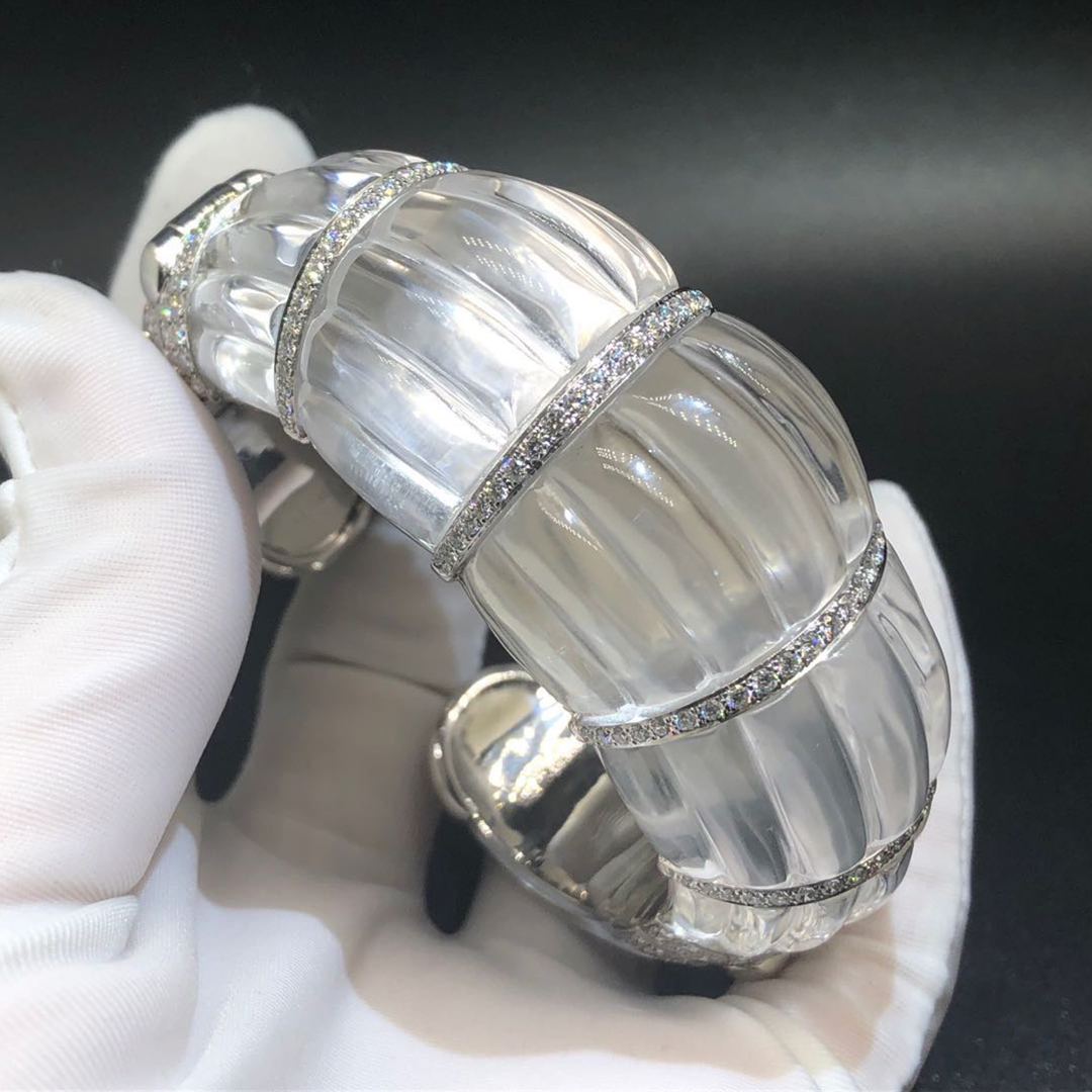 David Webb 18k Gold Platinum Rock Crystal and Diamond Wide Cuff-Bracelet