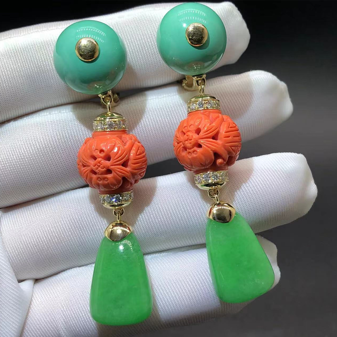 David Webb 18k Yellow Gold Craved Coral Turquoise and Jade Drop Earrings