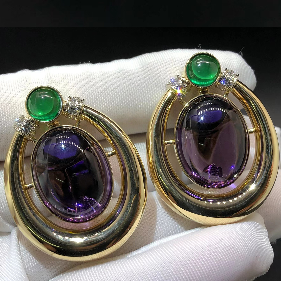 David Webb 18k Yellow Gold Emerald Amethyst Diamond Earrings
