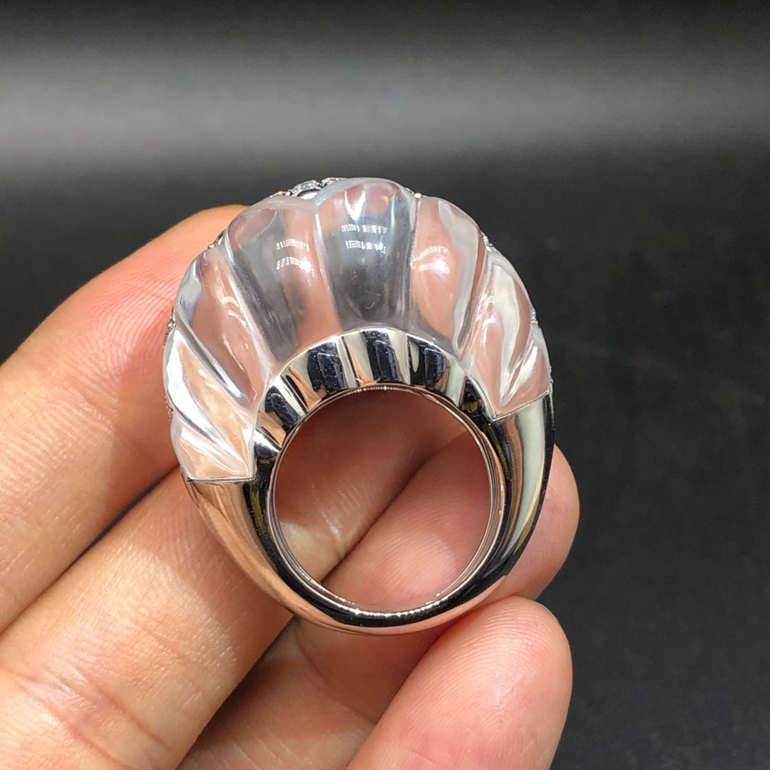 David Webb Carved Rock Crystal Diamond Platinum 18k White Gold Twilight Ring