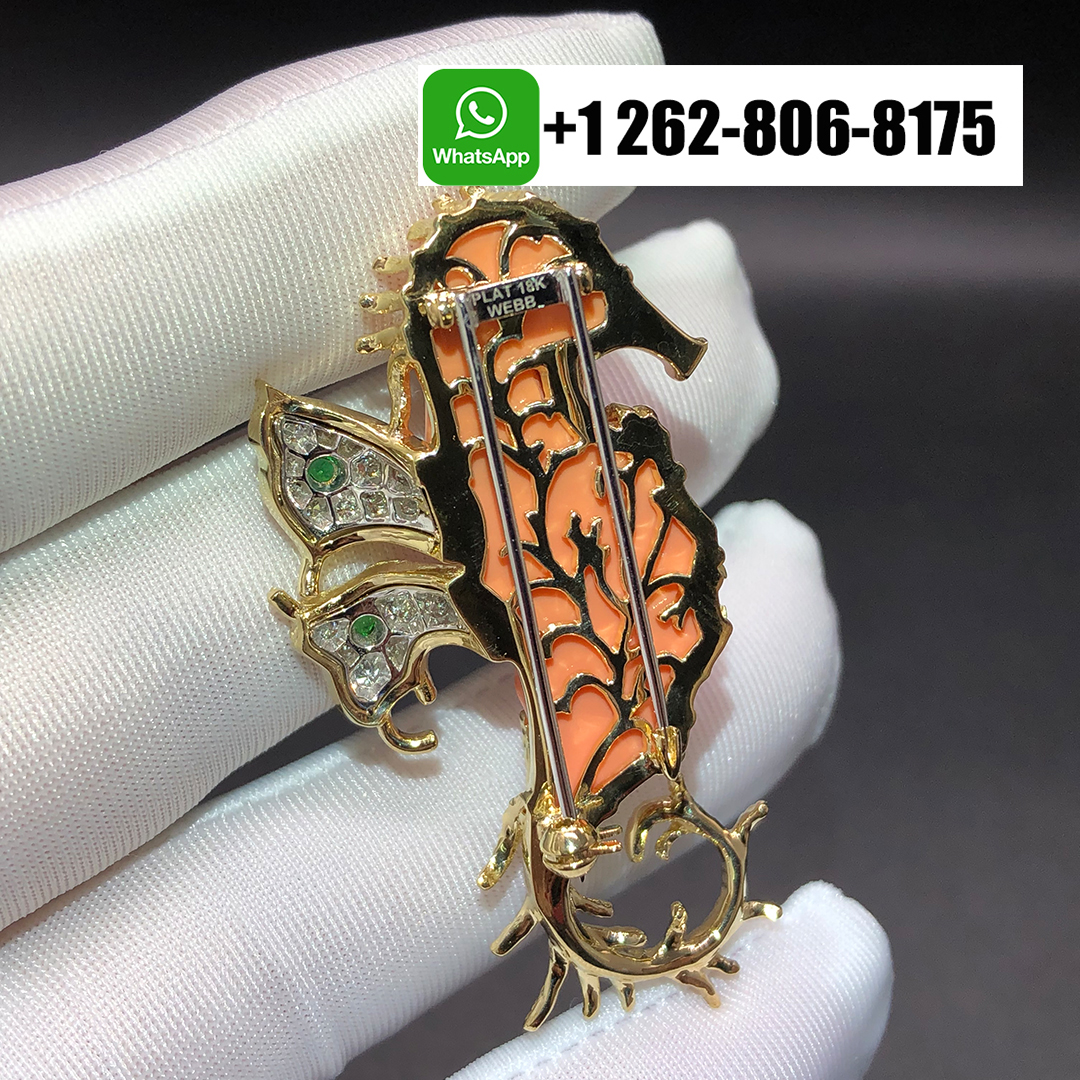 David Webb Diamonds Coral Platinum 18k Yellow Gold Seahorse Brooch Pin