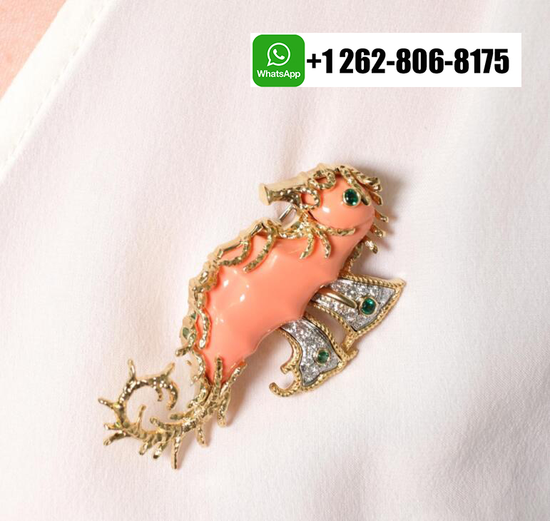David Webb Diamonds Coral Platinum 18k Yellow Gold Seahorse Brooch Pin