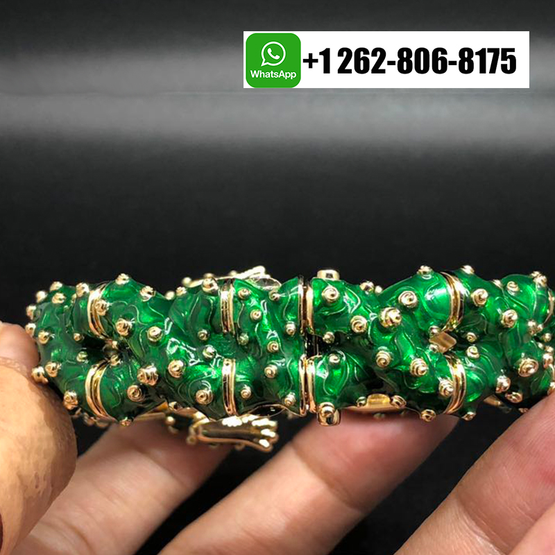 David Webb Green Enamel, Diamond And Ruby Platinum & 18K Yellow Gold Frog Bracelet 06722B