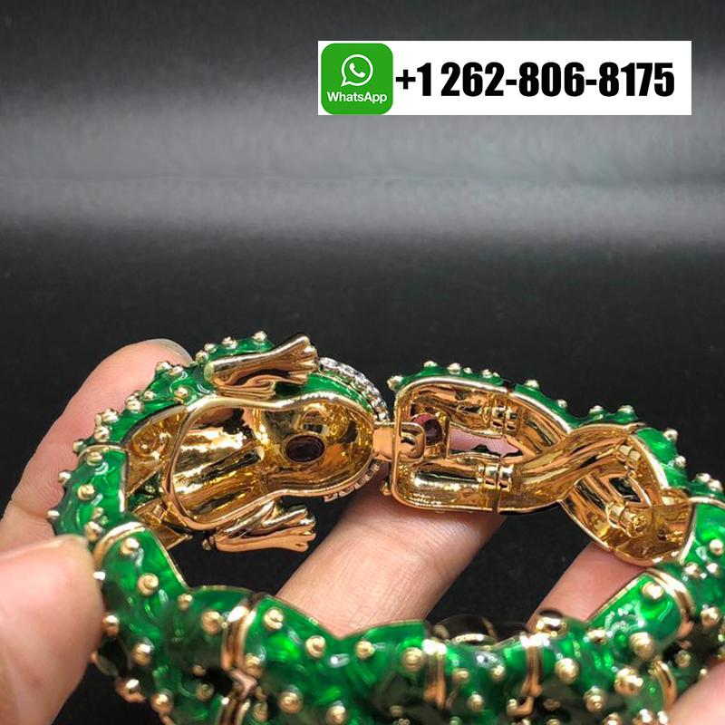 David Webb Green Enamel, Diamond And Ruby Platinum & 18K Yellow Gold Frog Bracelet 06722B