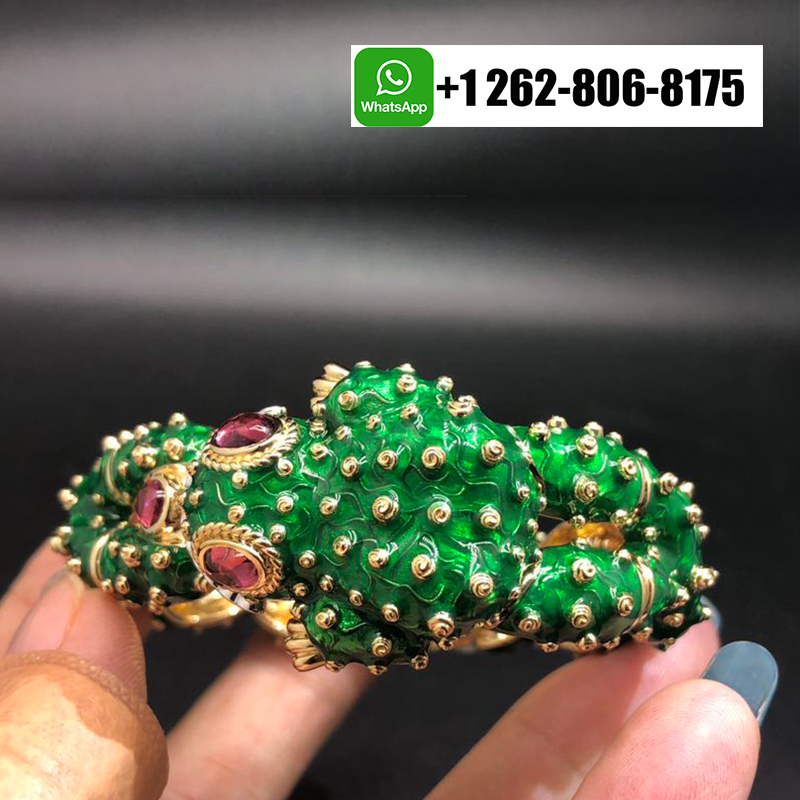 David Webb Green Enamel, Diamond And Ruby Platinum & 18K Yellow Gold Frog Bracelet 06722B