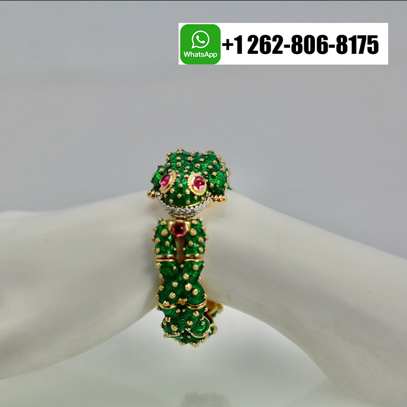 David Webb Green Enamel, Diamond And Ruby Platinum & 18K Yellow Gold Frog Bracelet 06722B