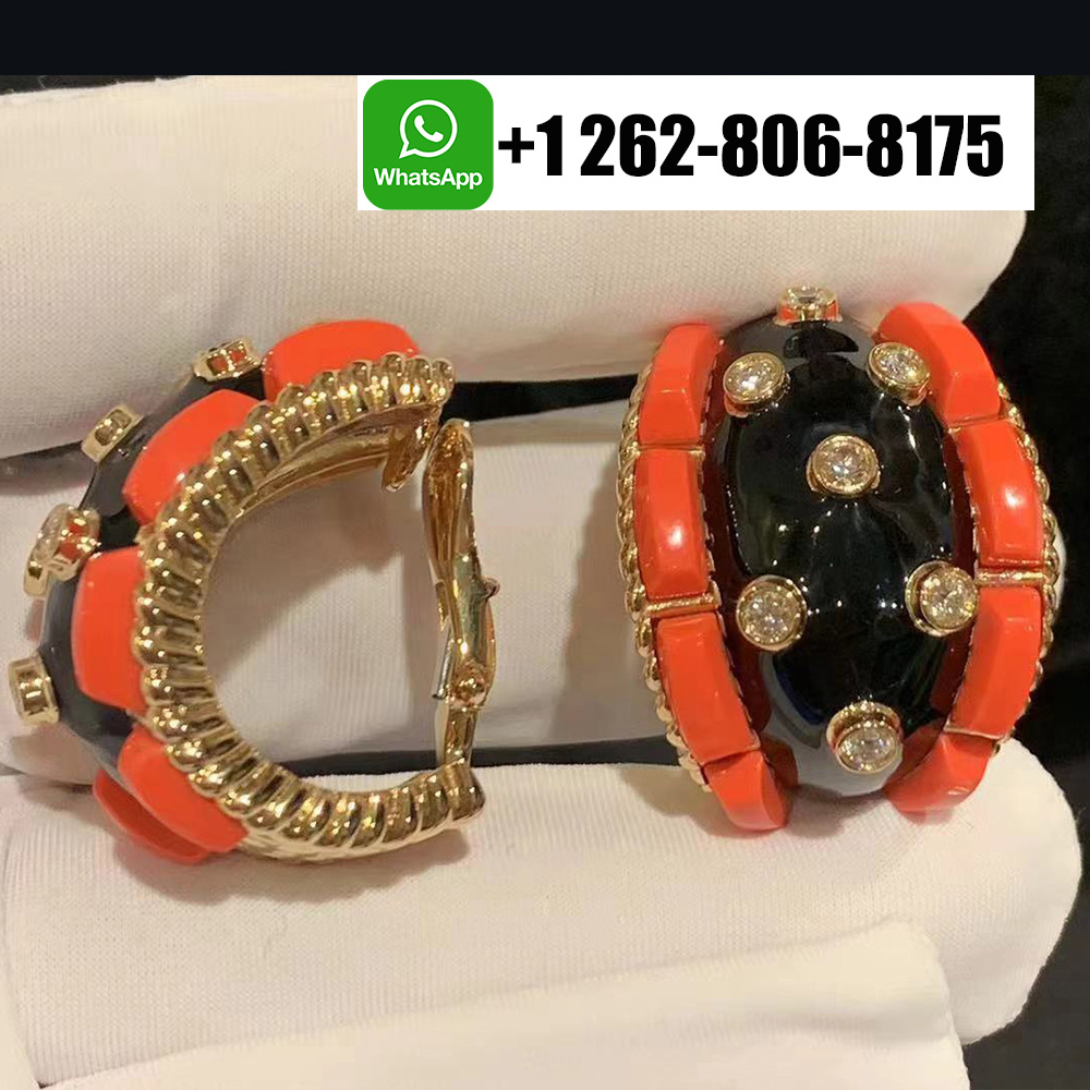 David Webb Platinum & 18K Yellow Gold Coral Black Enamel Diamond Earrings