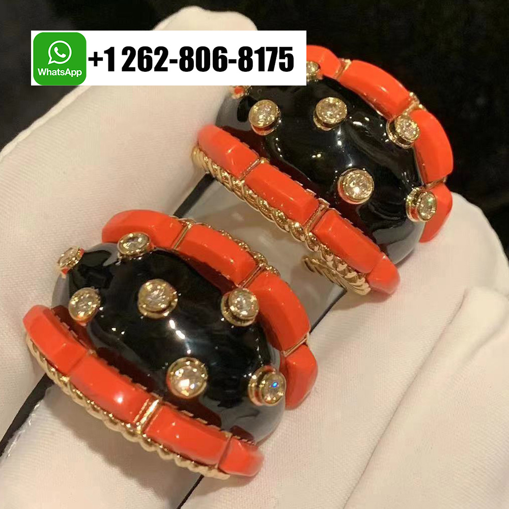 David Webb Platinum & 18K Yellow Gold Coral Black Enamel Diamond Earrings