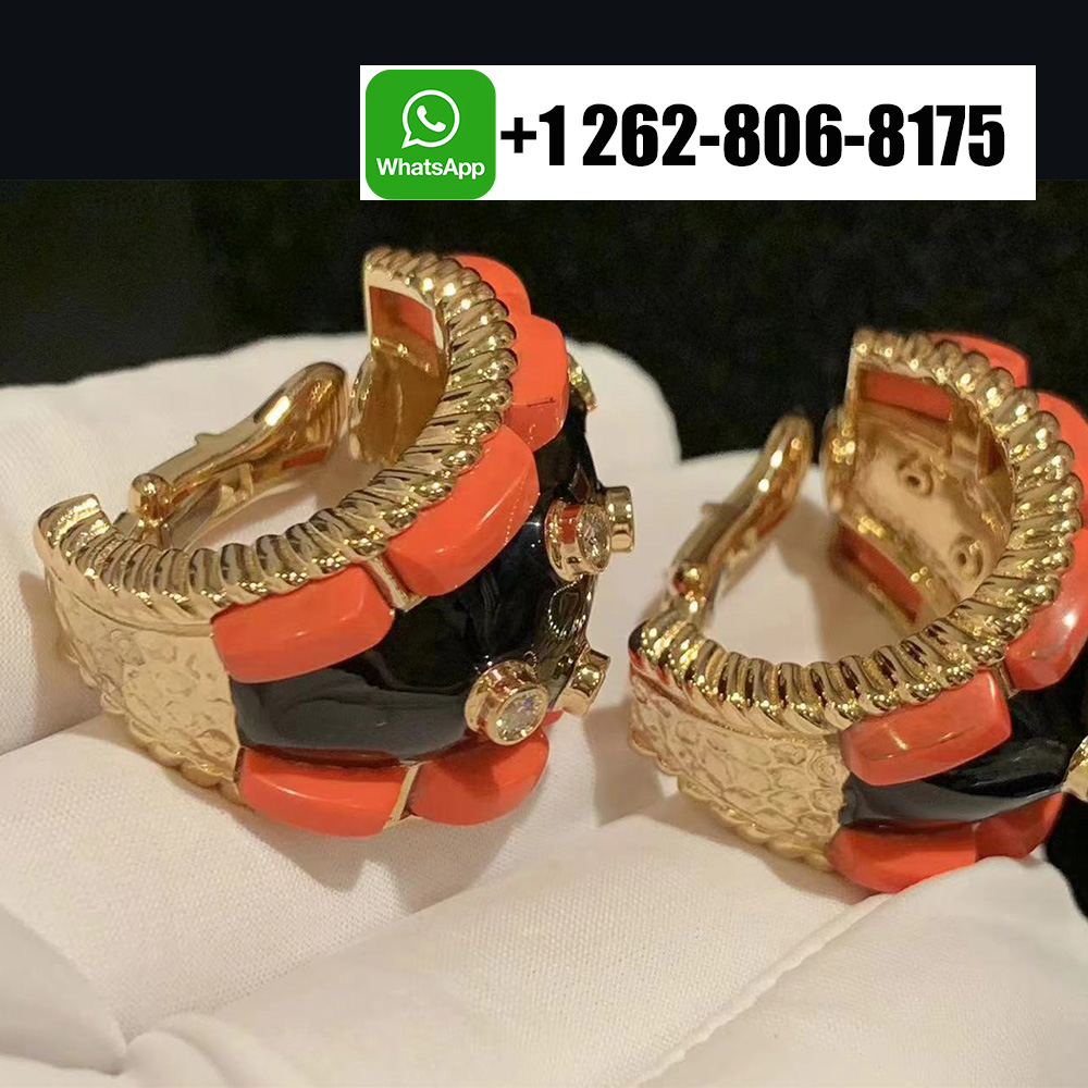 David Webb Platinum & 18K Yellow Gold Coral Black Enamel Diamond Earrings