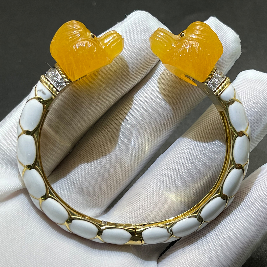 David Webb Platinum & 18K Yellow Gold Enamel Carnelian Double Poodle Heads Bracelet